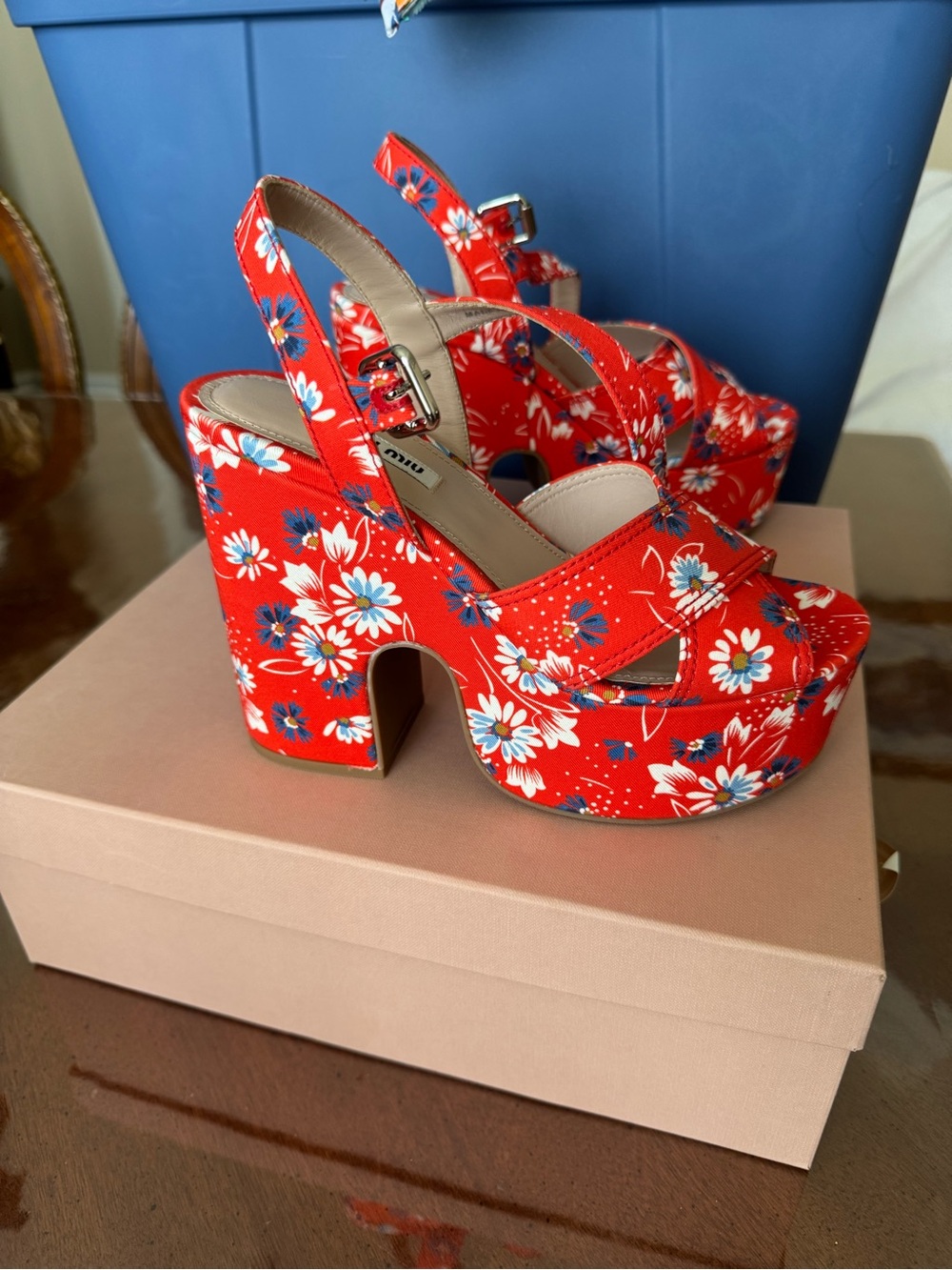 Miu Miu Red Floral Platform Slingback Pumps